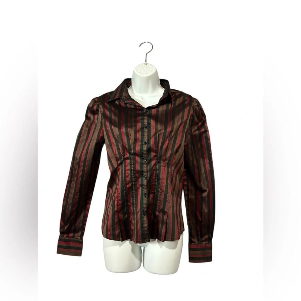 Zara Woman, Striped Satin Blouse, Large, Black, Red, Green, Brown - Picture 4 of 9